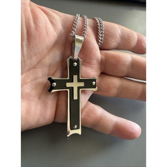 Stainless Steel Double Cross Pendant 24”Chain Necklace Jesus Christ Silver - Picture 5 of 6